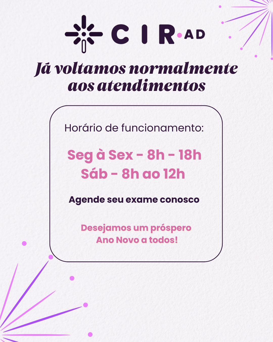 Já voltamos a atender normalmente horário de funcionamento de segunda a sexta das 8:00 as 18:00 e sábados das 08:00 as 12:00 Desejamos um prospero ano novo a todos!.